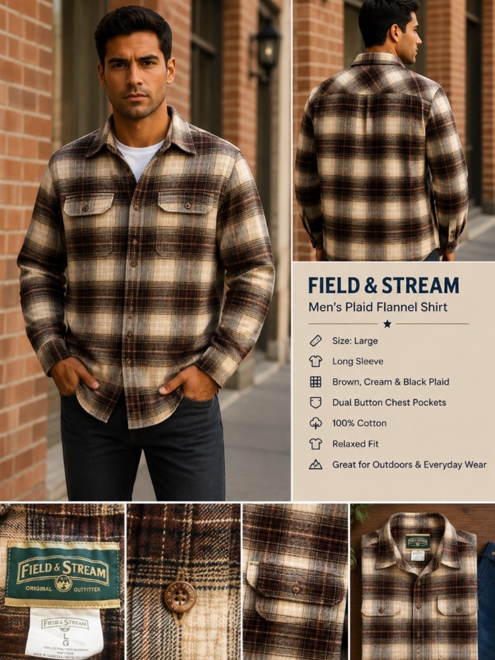 Field & Stream Men’s Large Brown Plaid Heavy Flannel Shirt